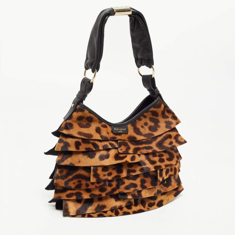 Pre Owned Yves Saint Laurent Brown/Black Leopard Pony Hair And Suede St Tropez Hobo
