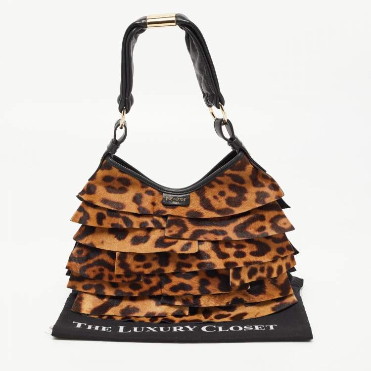 Pre Owned Yves Saint Laurent Brown/Black Leopard Pony Hair And Suede St Tropez Hobo