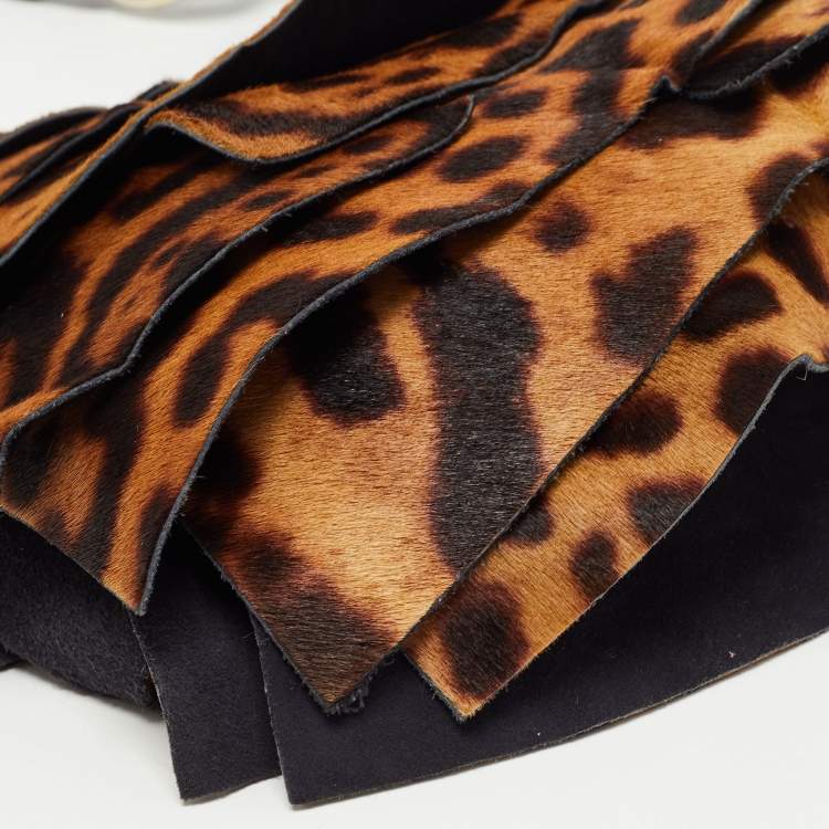 Pre Owned Yves Saint Laurent Brown/Black Leopard Pony Hair And Suede St Tropez Hobo