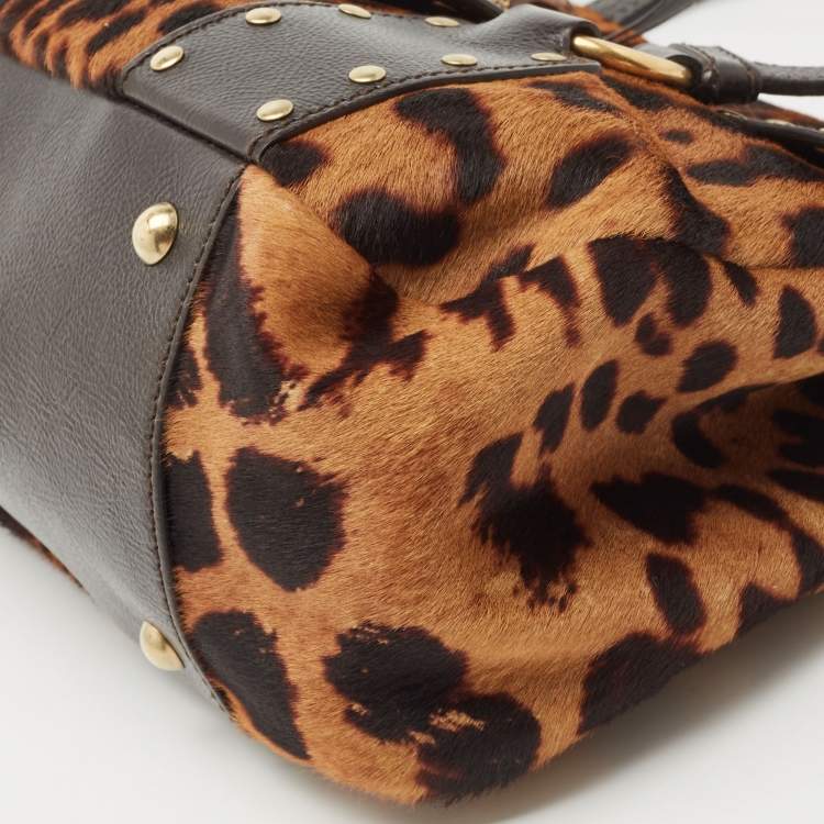 Pre Owned Yves Saint Laurent Brown Leopard Print Calfhair and Leather Studded Flap Satchel