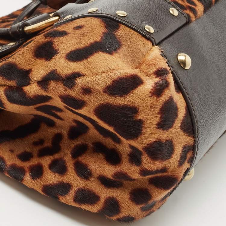 Pre Owned Yves Saint Laurent Brown Leopard Print Calfhair and Leather Studded Flap Satchel