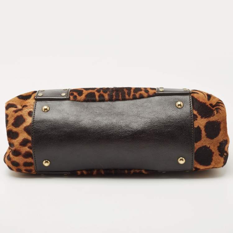 Pre Owned Yves Saint Laurent Brown Leopard Print Calfhair and Leather Studded Flap Satchel
