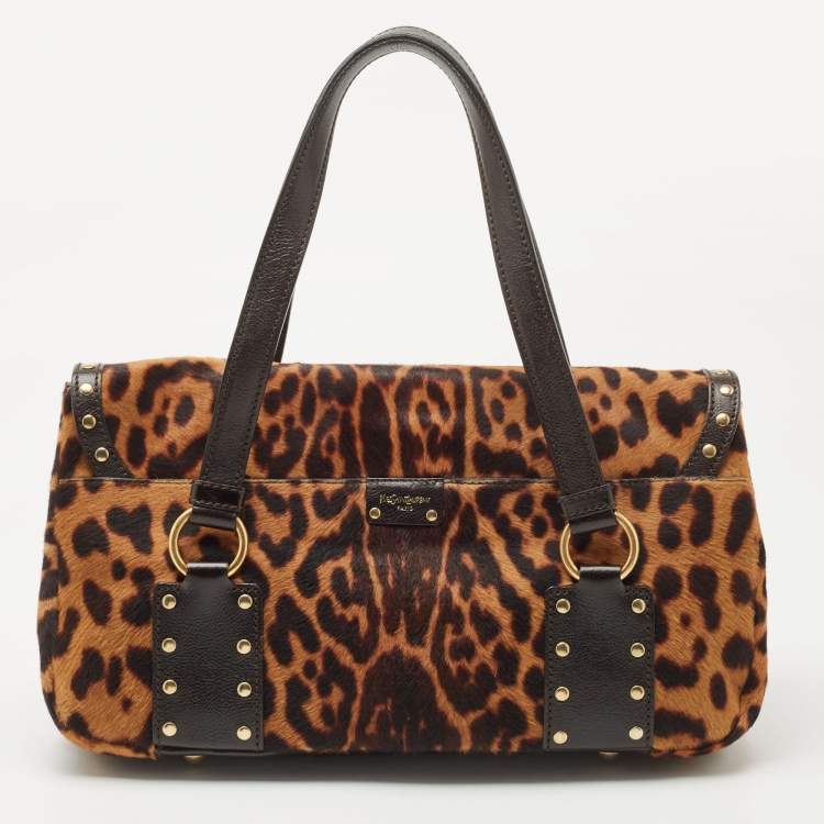 Pre Owned Yves Saint Laurent Brown Leopard Print Calfhair and Leather Studded Flap Satchel