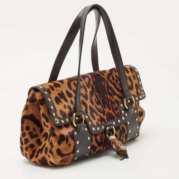 Pre Owned Yves Saint Laurent Brown Leopard Print Calfhair and Leather Studded Flap Satchel