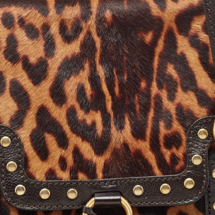 Pre Owned Yves Saint Laurent Brown Leopard Print Calfhair and Leather Studded Flap Satchel