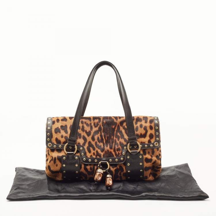 Pre Owned Yves Saint Laurent Brown Leopard Print Calfhair and Leather Studded Flap Satchel