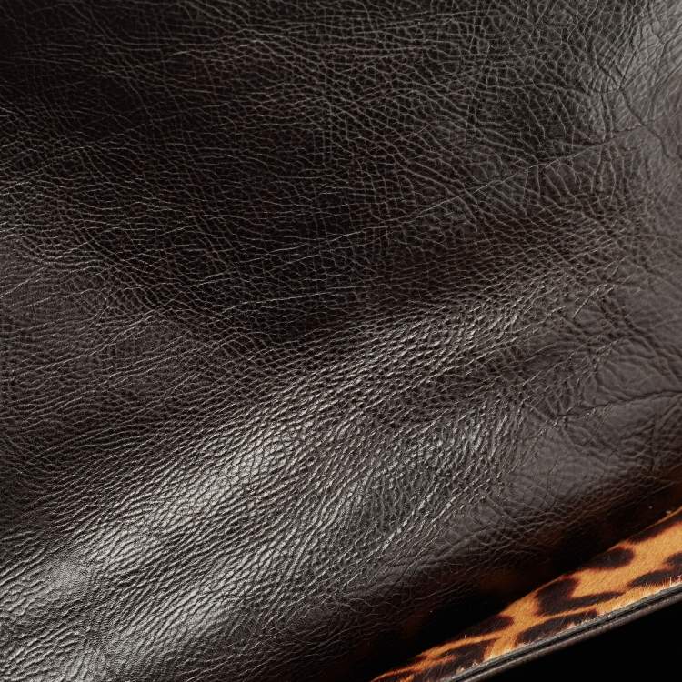Pre Owned Yves Saint Laurent Brown Leopard Print Calfhair and Leather Studded Flap Satchel