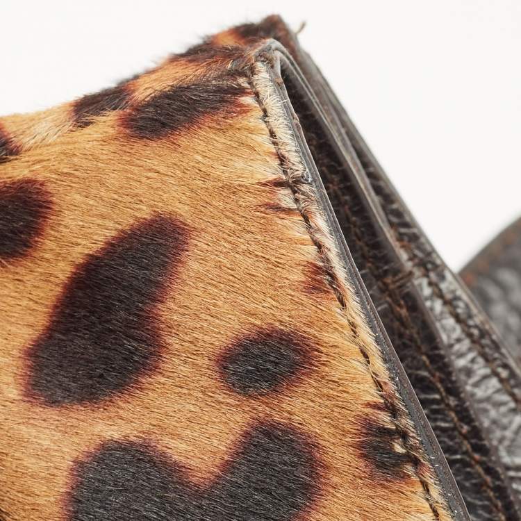 Pre Owned Yves Saint Laurent Brown Leopard Print Calfhair and Leather Studded Flap Satchel
