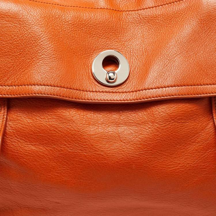 Pre Owned Yves Saint Laurent Orange/Beige Leather and Canvas Muse Two Top Handle Bag