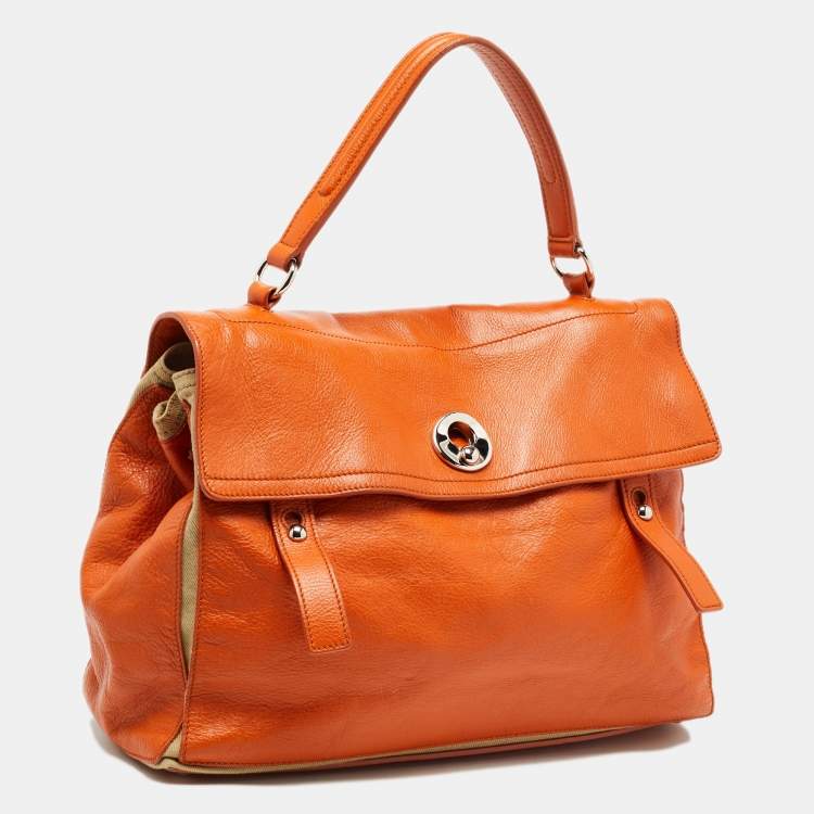 Pre Owned Yves Saint Laurent Orange/Beige Leather and Canvas Muse Two Top Handle Bag