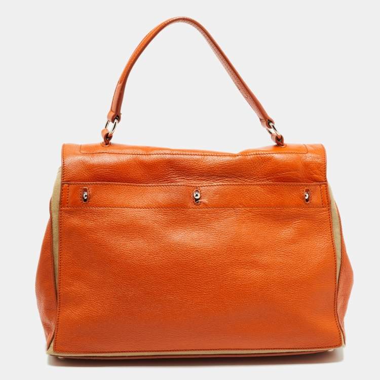 Pre Owned Yves Saint Laurent Orange/Beige Leather and Canvas Muse Two Top Handle Bag