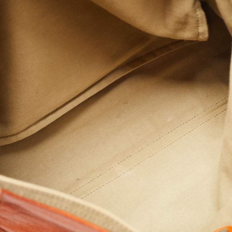Pre Owned Yves Saint Laurent Orange/Beige Leather and Canvas Muse Two Top Handle Bag