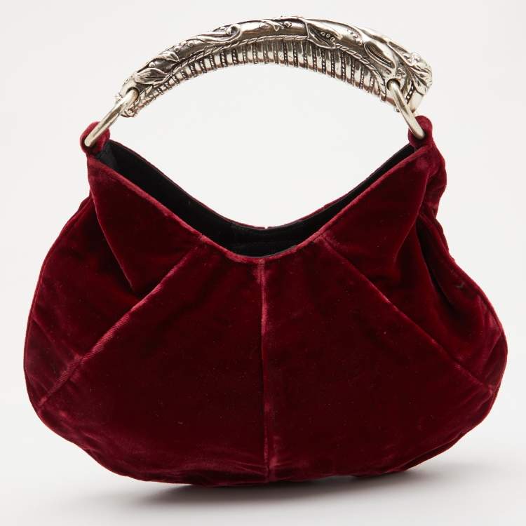 Pre Owned Yves Saint Laurent Burgundy Velvet Mombasa Horn Hobo 