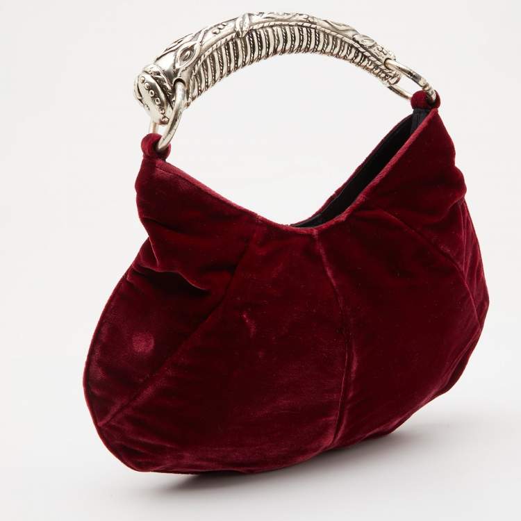 Pre Owned Yves Saint Laurent Burgundy Velvet Mombasa Horn Hobo 