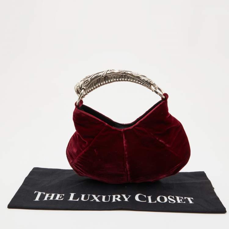 Pre Owned Yves Saint Laurent Burgundy Velvet Mombasa Horn Hobo 