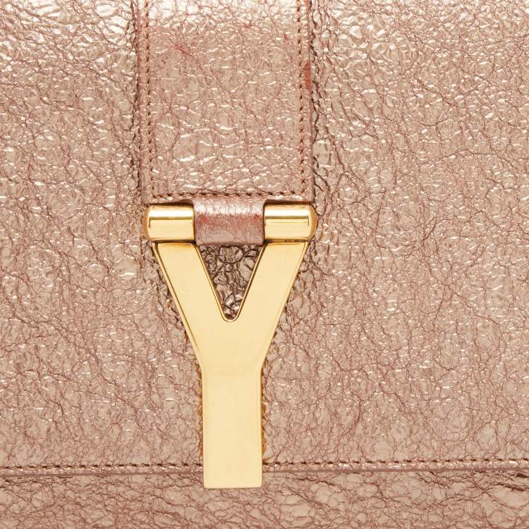 Pre Owned Yves Saint Laurent Metallic Rose Gold Crinkled Leather Chyc Flap Clutch
