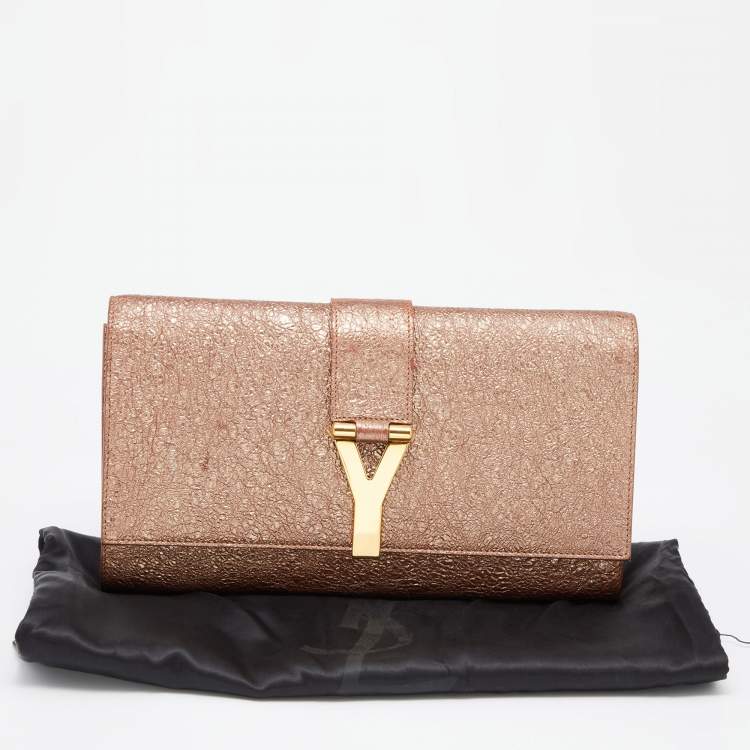 Pre Owned Yves Saint Laurent Metallic Rose Gold Crinkled Leather Chyc Flap Clutch