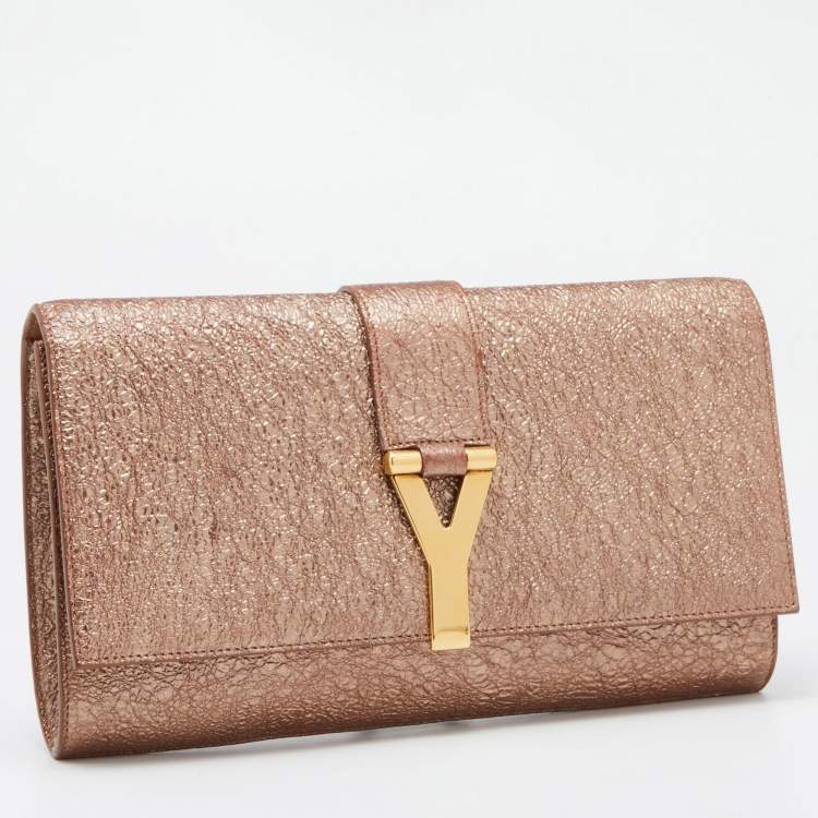 Pre Owned Yves Saint Laurent Metallic Rose Gold Crinkled Leather Chyc Flap Clutch