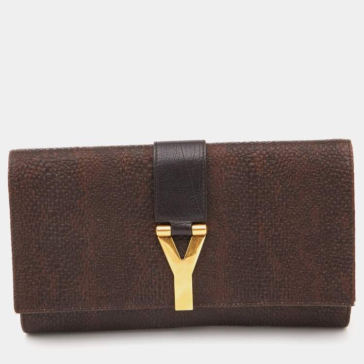 Pre Owned Yves Saint Laurent Brown Coated Fabric and Leather Belle De Jour Flap Clutch