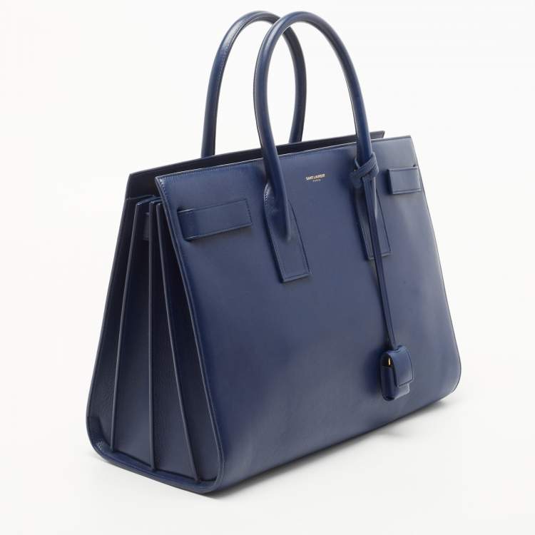 Pre Owned Saint Laurent Navy Blue Leather Medium Sac De Jour Tote