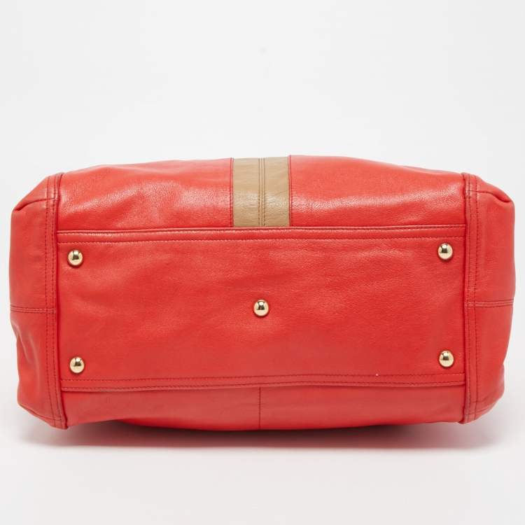 Pre Owned Yves Saint Laurent Red/Beige Leather Lucky Chyc Bowler Bag