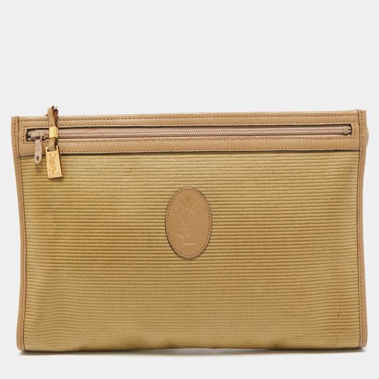 Pre Owned Yves Saint Laurent Beige/Olive Green Coated Fabric Zip Pouch