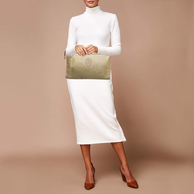 Pre Owned Yves Saint Laurent Beige/Olive Green Coated Fabric Zip Pouch