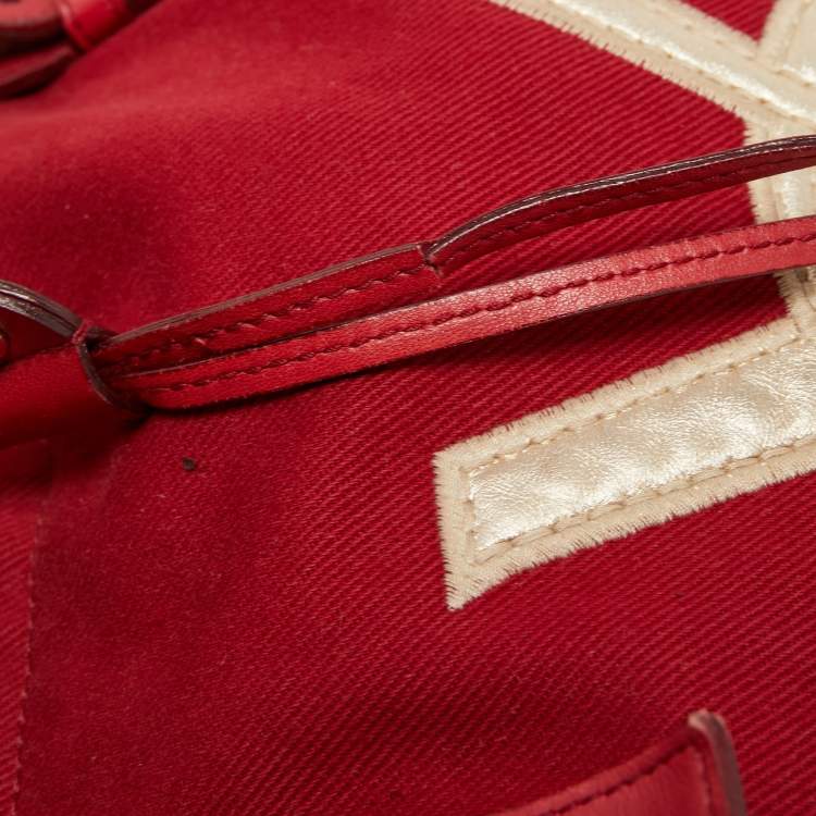 Pre Owned Saint Laurent Red/Gold Canvas and Leather Drawsting Kahala Tote 
