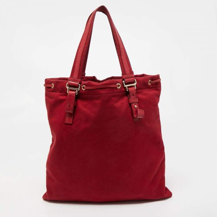 Pre Owned Saint Laurent Red/Gold Canvas and Leather Drawsting Kahala Tote 