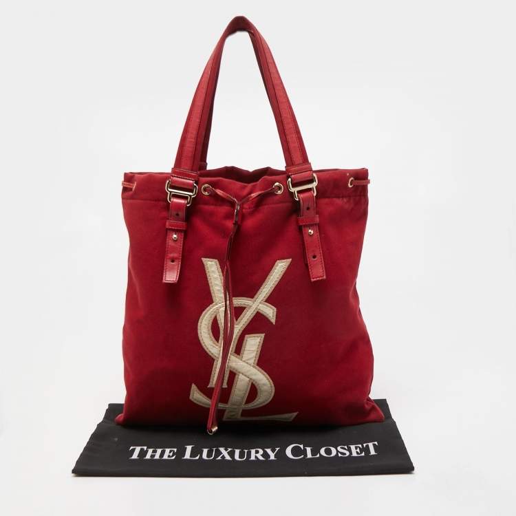 Pre Owned Saint Laurent Red/Gold Canvas and Leather Drawsting Kahala Tote 