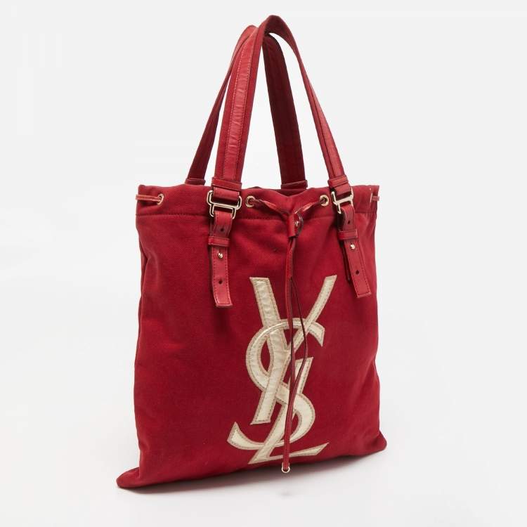 Pre Owned Saint Laurent Red/Gold Canvas and Leather Drawsting Kahala Tote 