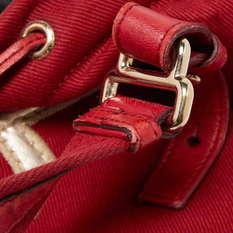 Pre Owned Saint Laurent Red/Gold Canvas and Leather Drawsting Kahala Tote 