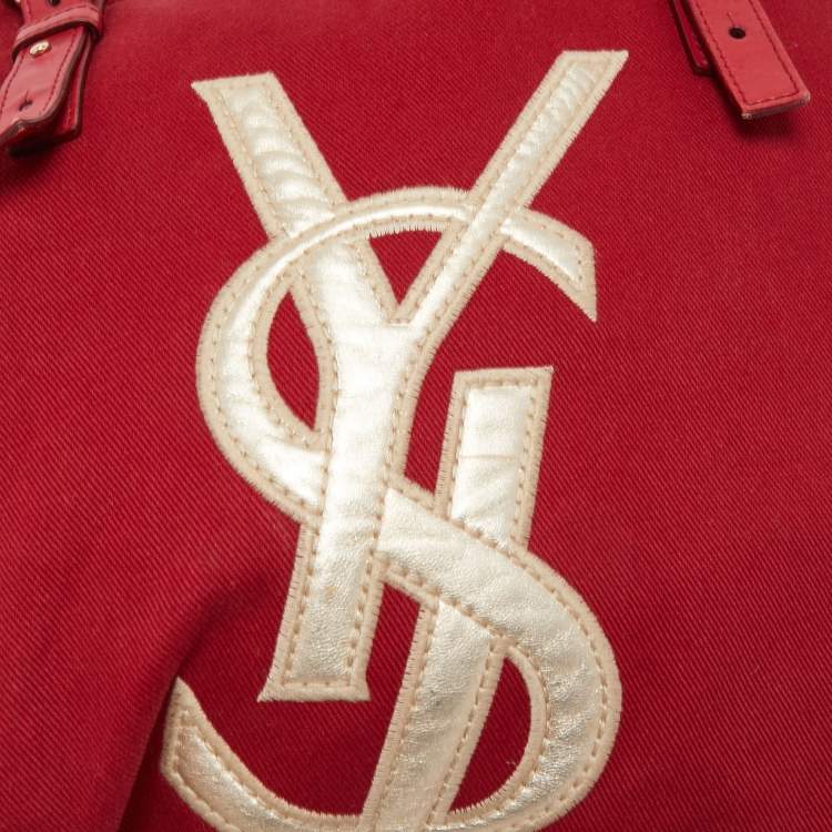 Pre Owned Saint Laurent Red/Gold Canvas and Leather Drawsting Kahala Tote 