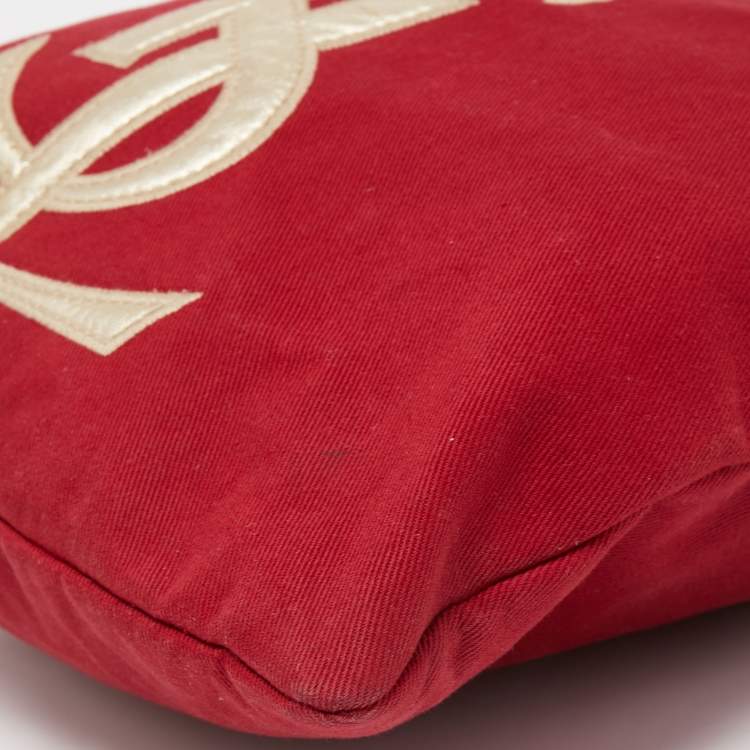 Pre Owned Saint Laurent Red/Gold Canvas and Leather Drawsting Kahala Tote 