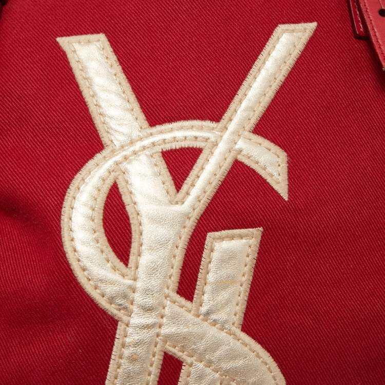 Pre Owned Saint Laurent Red/Gold Canvas and Leather Drawsting Kahala Tote 