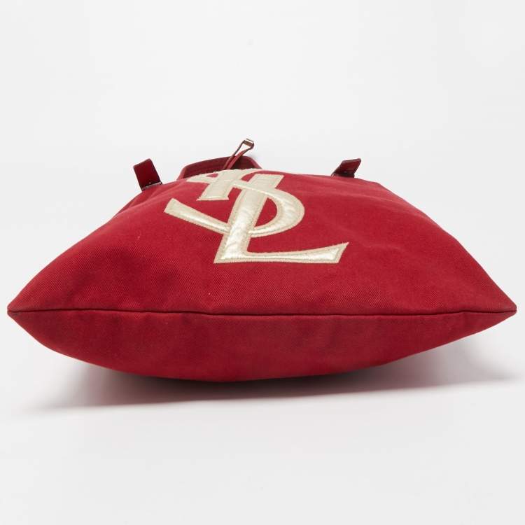 Pre Owned Saint Laurent Red/Gold Canvas and Leather Drawsting Kahala Tote 