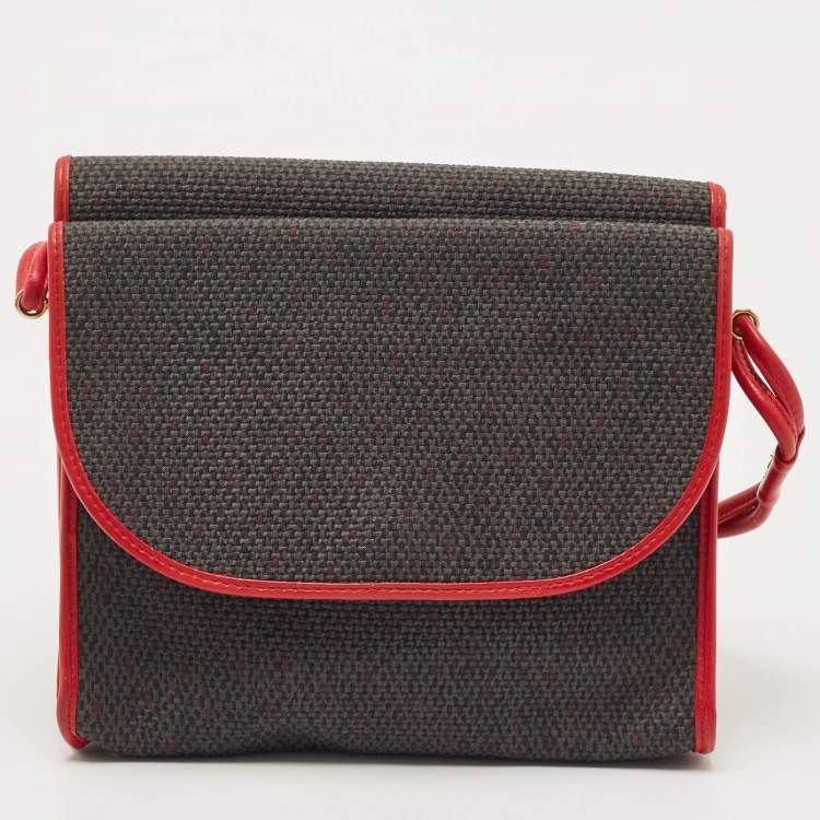 Pre Owned Yves Saint Laurent Red/Grey Woven Coated Canvas and Leather Double Flap Crossbody Bag