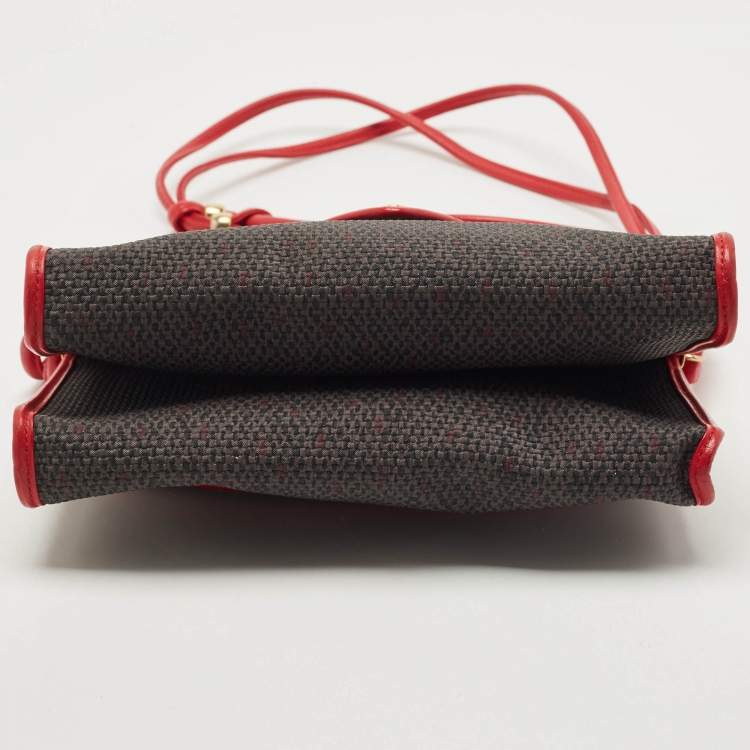 Pre Owned Yves Saint Laurent Red/Grey Woven Coated Canvas and Leather Double Flap Crossbody Bag