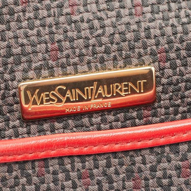Pre Owned Yves Saint Laurent Red/Grey Woven Coated Canvas and Leather Double Flap Crossbody Bag