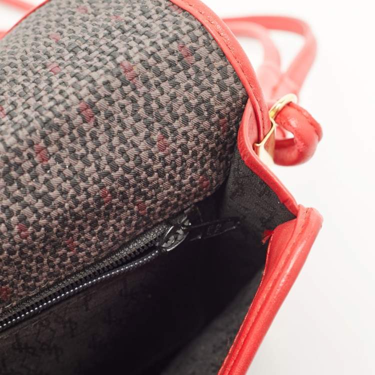 Pre Owned Yves Saint Laurent Red/Grey Woven Coated Canvas and Leather Double Flap Crossbody Bag