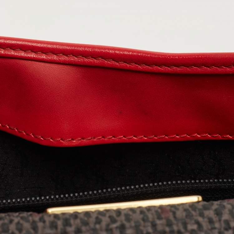 Pre Owned Yves Saint Laurent Red/Grey Woven Coated Canvas and Leather Double Flap Crossbody Bag