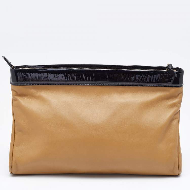 Pre Owned Yves Saint Laurent Beige/Black Patent Leather and Leather Cocktail Oversized Clutch