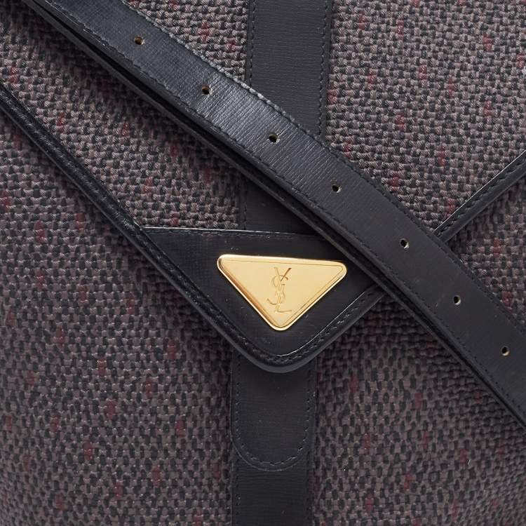 Pre Owned Yves Saint Laurent Black/Purple Woven Coated Canvas and Leather Vintage Flap Shoulder Bag