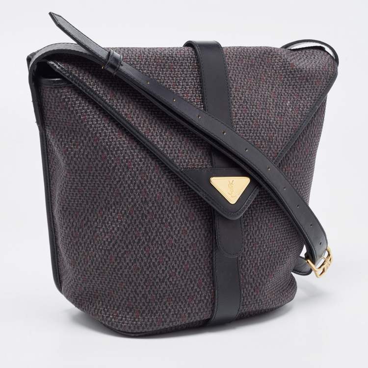 Pre Owned Yves Saint Laurent Black/Purple Woven Coated Canvas and Leather Vintage Flap Shoulder Bag