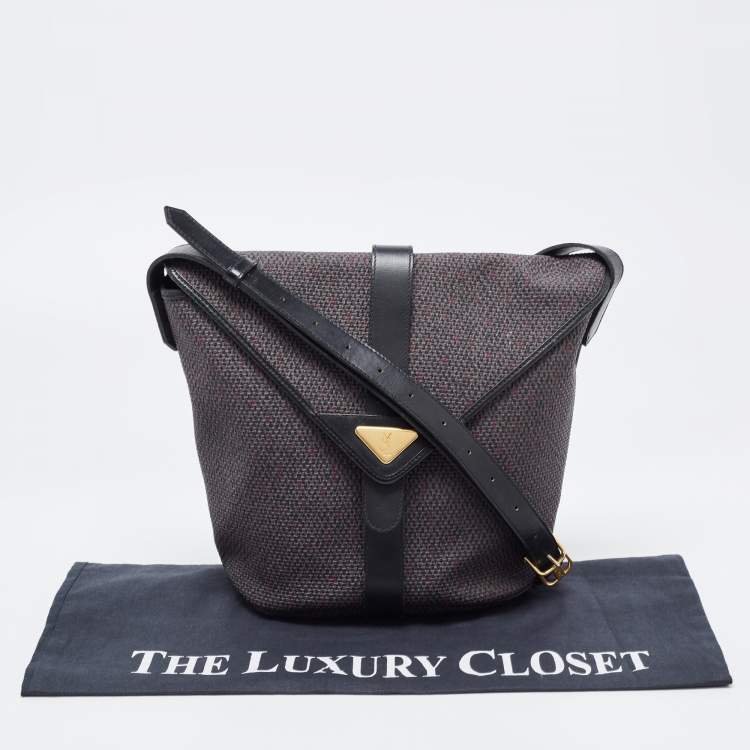 Pre Owned Yves Saint Laurent Black/Purple Woven Coated Canvas and Leather Vintage Flap Shoulder Bag