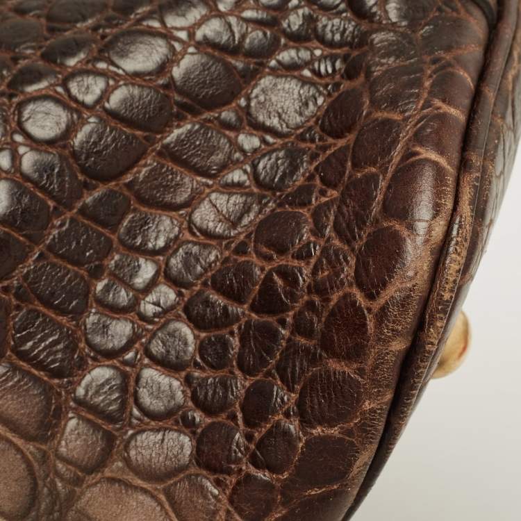 Pre Owned Yves Saint Laurent Khaki Green Croc Embossed Leather Oversized Muse Bag