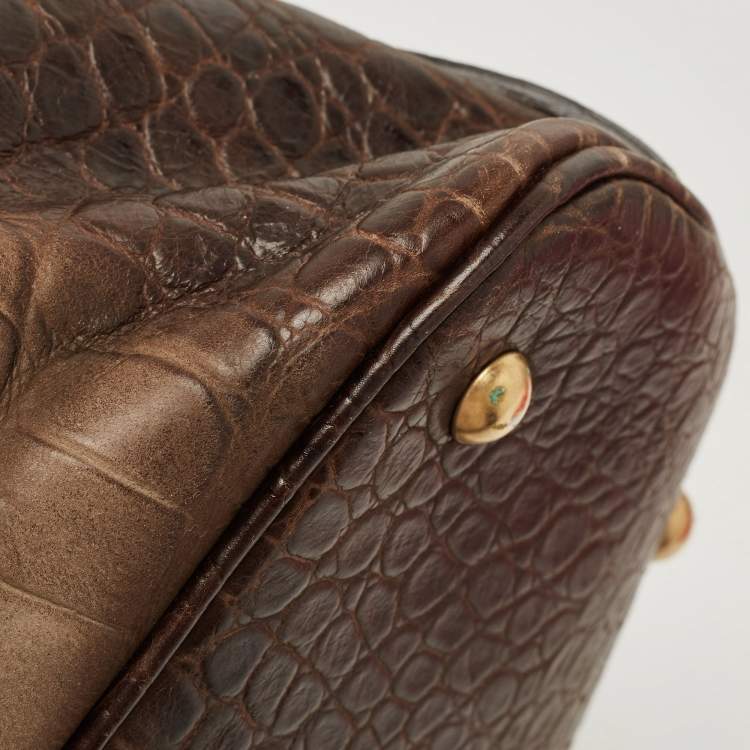 Pre Owned Yves Saint Laurent Khaki Green Croc Embossed Leather Oversized Muse Bag