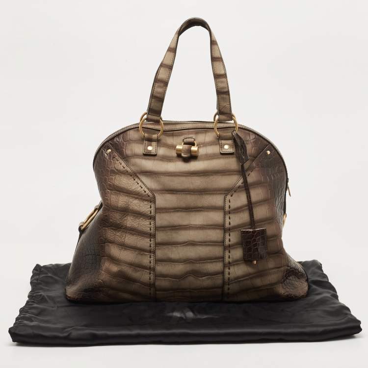 Pre Owned Yves Saint Laurent Khaki Green Croc Embossed Leather Oversized Muse Bag