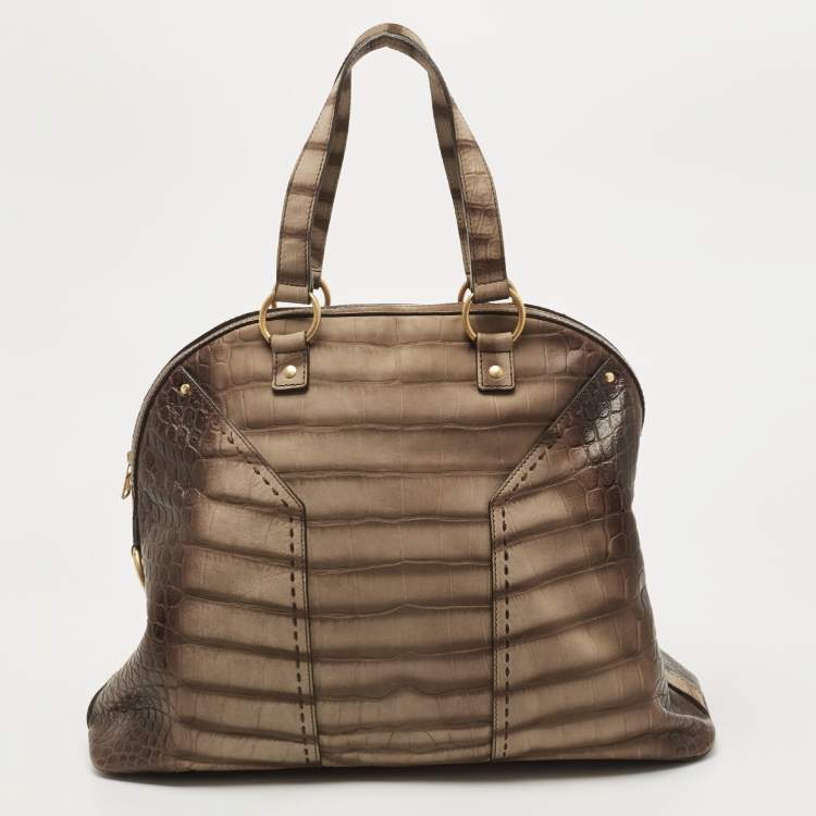 Pre Owned Yves Saint Laurent Khaki Green Croc Embossed Leather Oversized Muse Bag