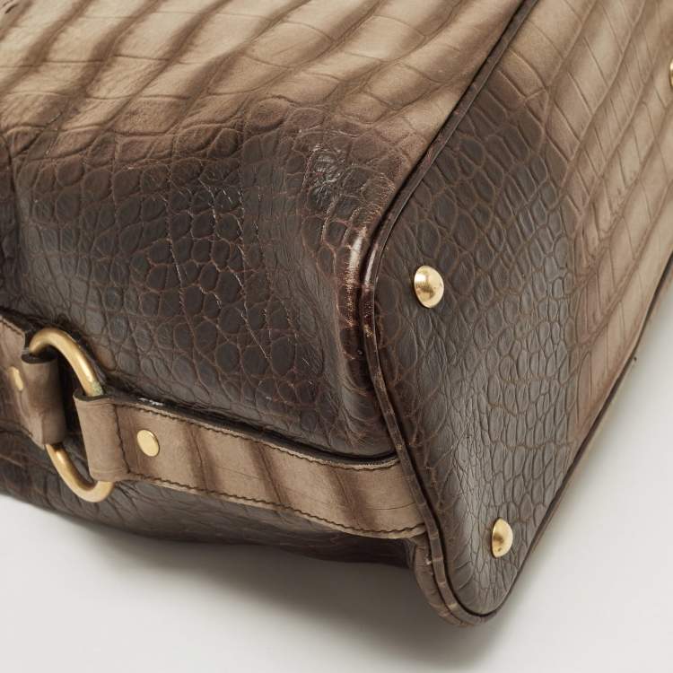 Pre Owned Yves Saint Laurent Khaki Green Croc Embossed Leather Oversized Muse Bag